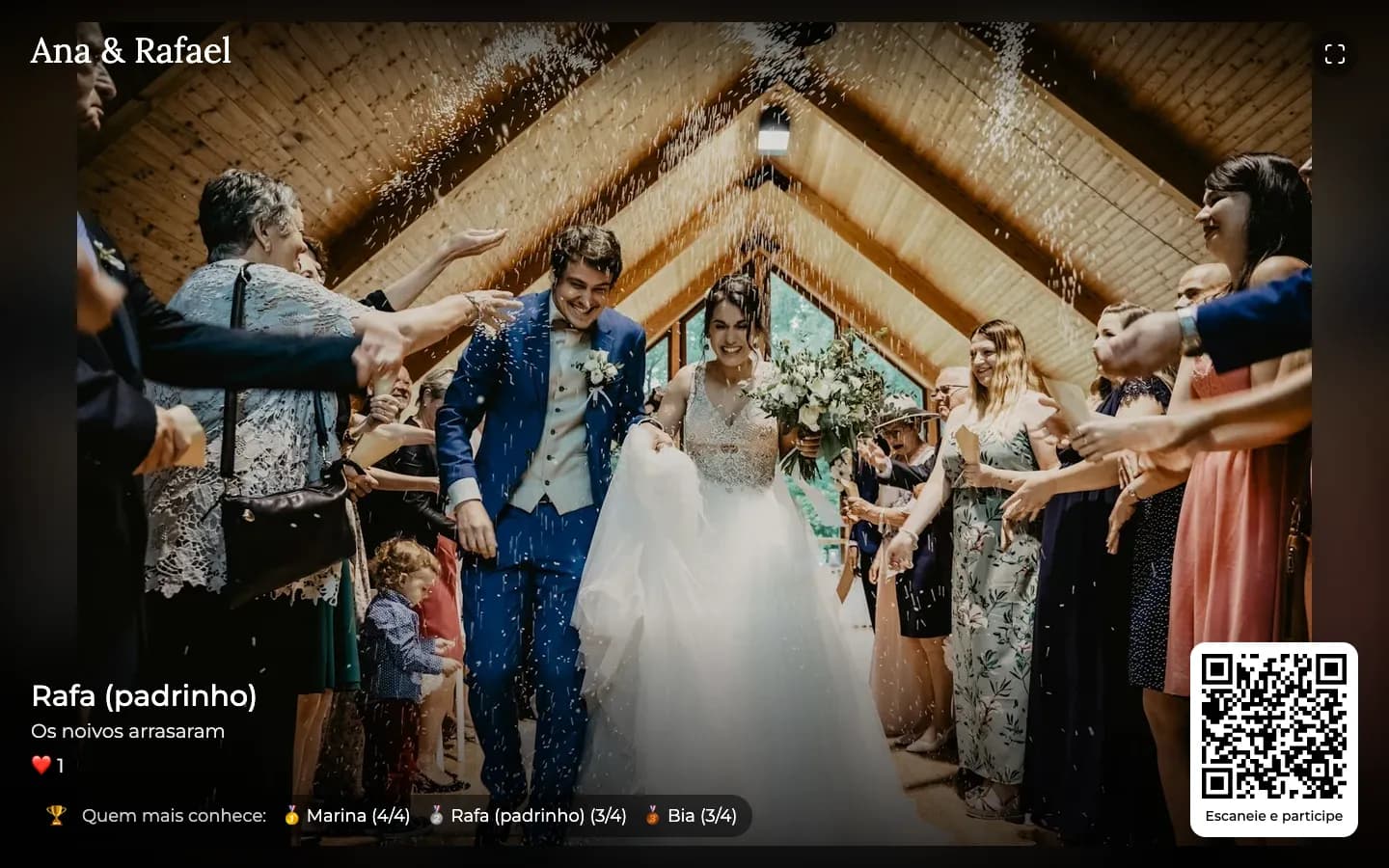 Telão da festa com a foto de um convidado e o pódio do quiz