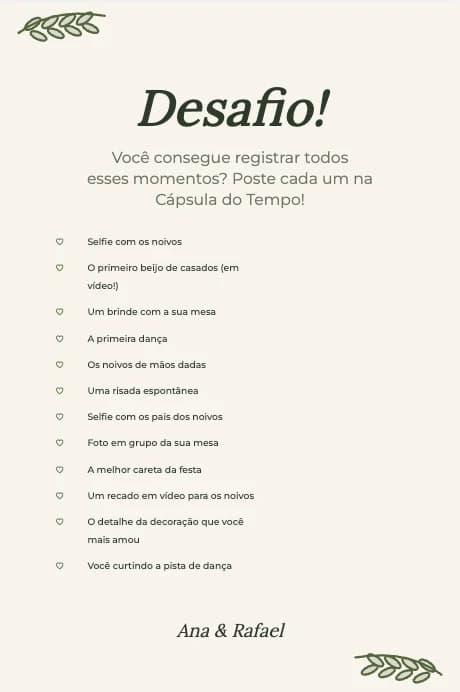 Verso do cartão com a lista de momentos para fotografar